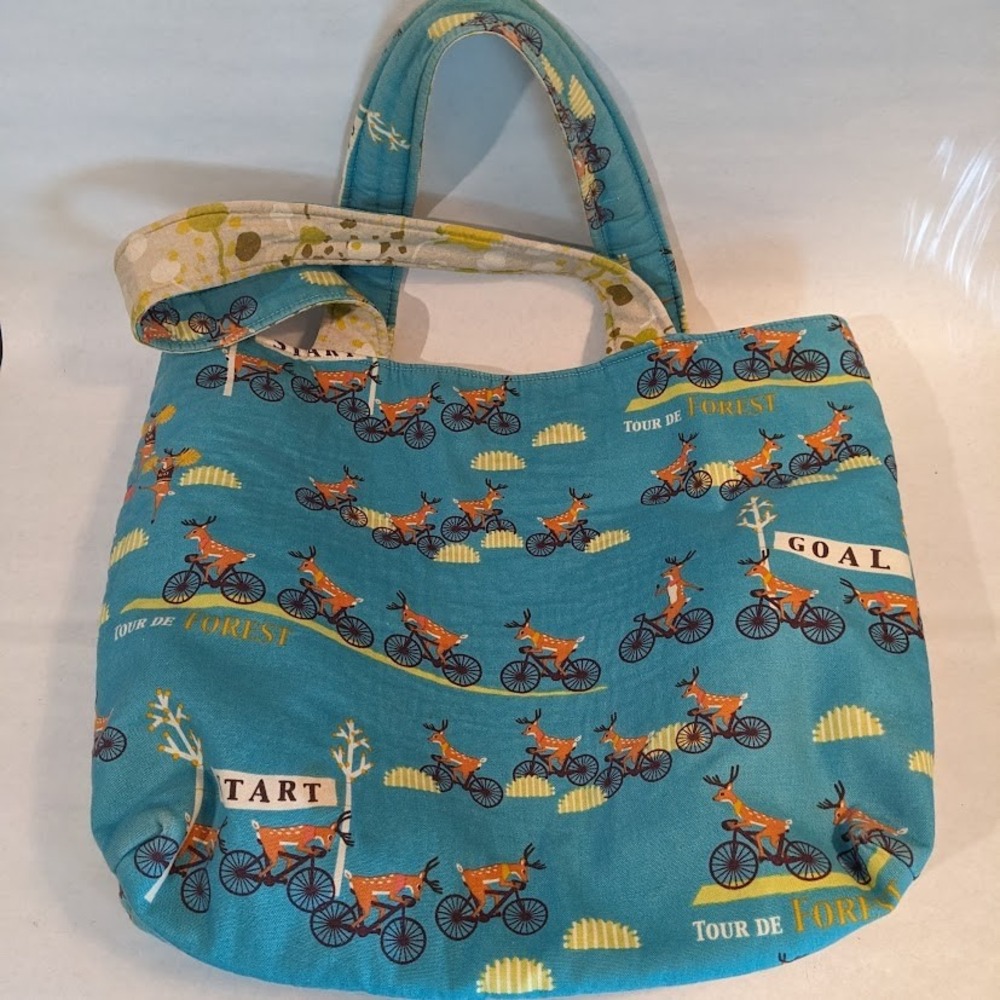 Handmade Reversible Tote Bag Tour de Forest Deer Biking Floral Blue Yellow
